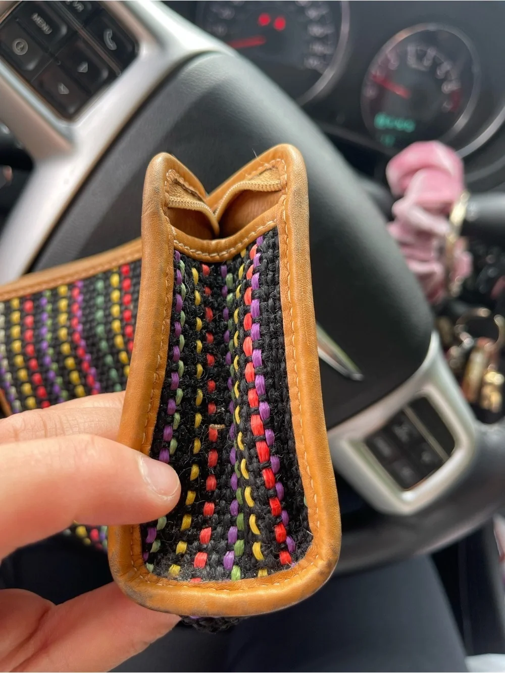 Fendi Black Woven Raffia Clutch with Tan Leather Trim and Multicolor Stitching